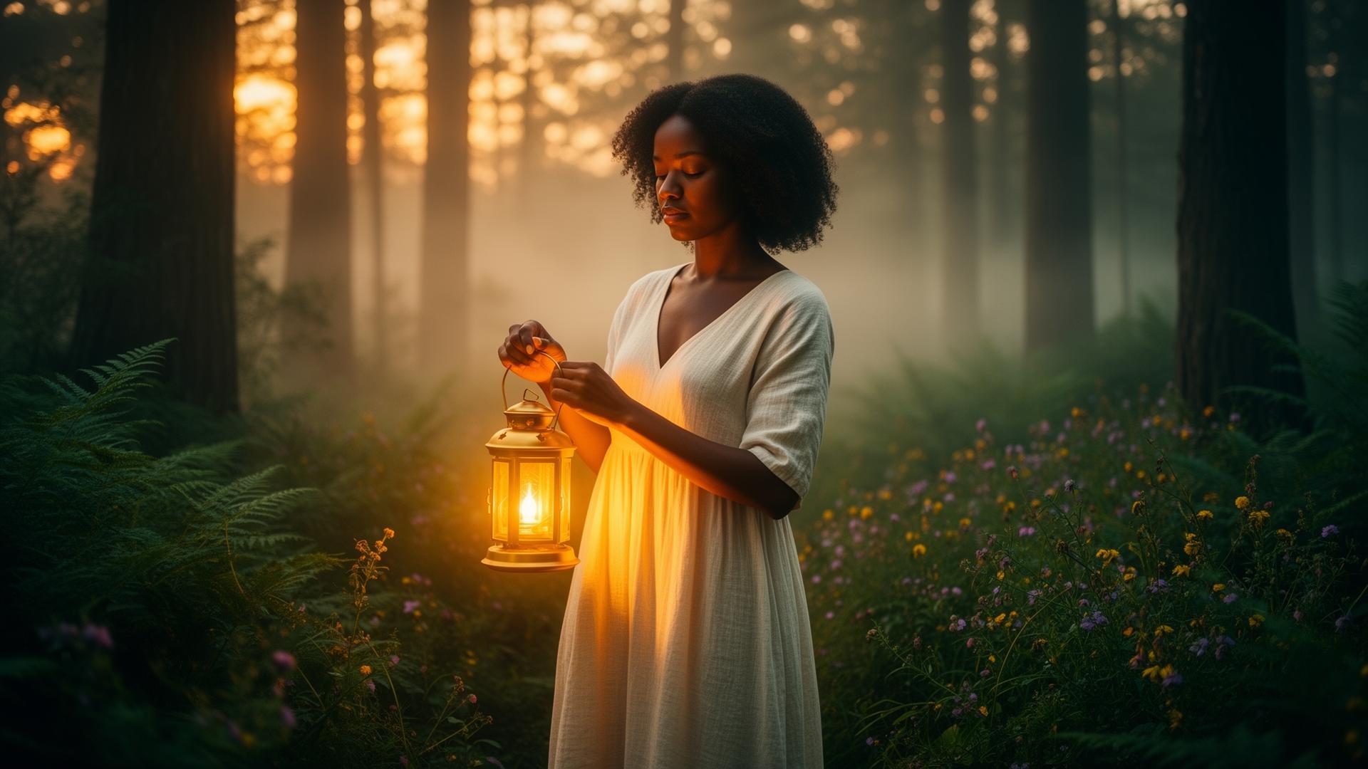 A woman of color holding a glowing golden lantern in a misty forest at dusk